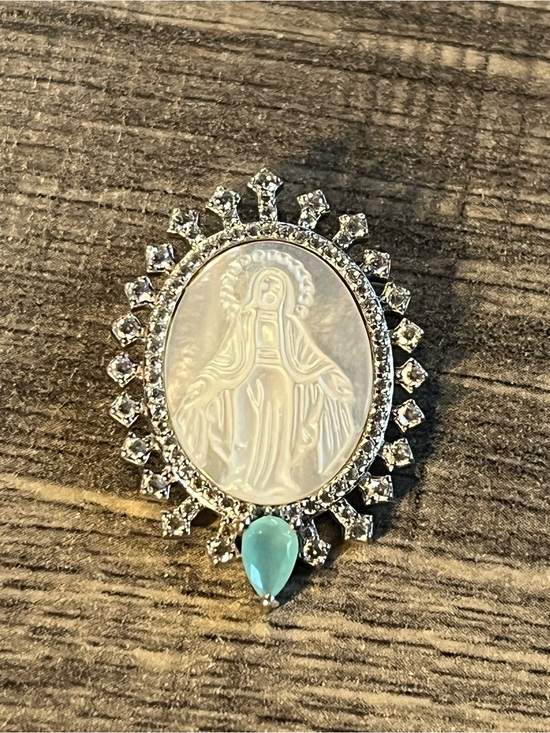 Jewelry - Sterling silver and cz Religious pendant. Mother of pearl and blue stone. Carved